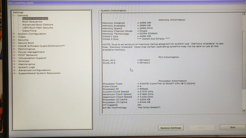 Dell Optiplex 3070 Mini, Core I3-8100T 3.1GHz, 4GB DDR4, No HDD/Power adapter/WiFi