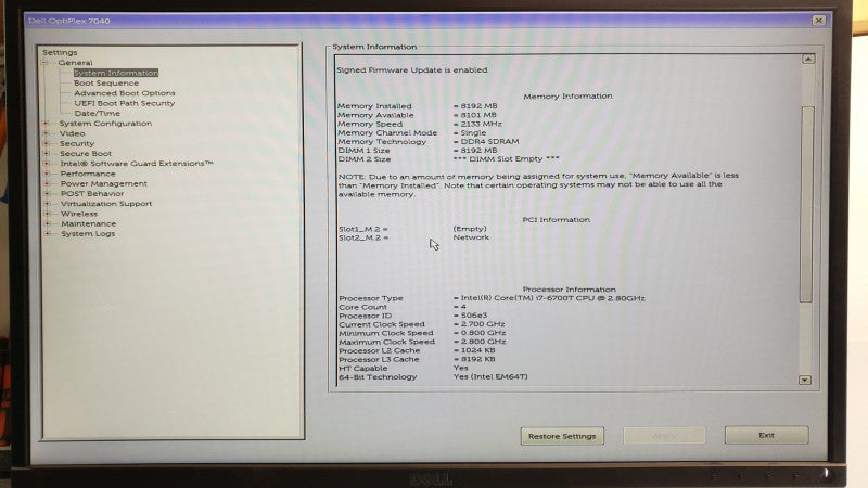 Dell Optiplex 7040 Mini PC Core I7-6700T 2.8GHz, 8GB DDR4, No HDD/Power Adapter/Antenna