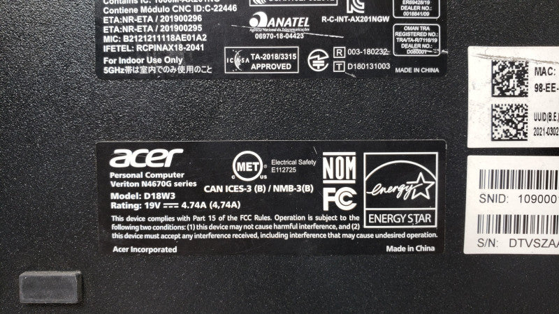 Acer Veriton N4670G D18W3 Mini PC, Intel Core I7-10700T 2.0GHz 8C, 8GB DDR4, 256GB NVMe, w/ Power Adapter