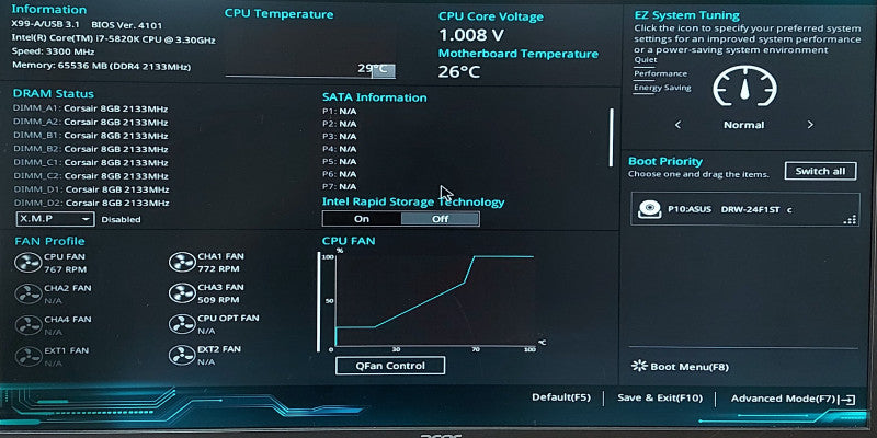 Custom PC- ASUS X99-A/ USB 3.1 Motherboard, 64GB DDR4, i7-5820K 3.3GHz, No HDD/GPU (Missing Side Panel)