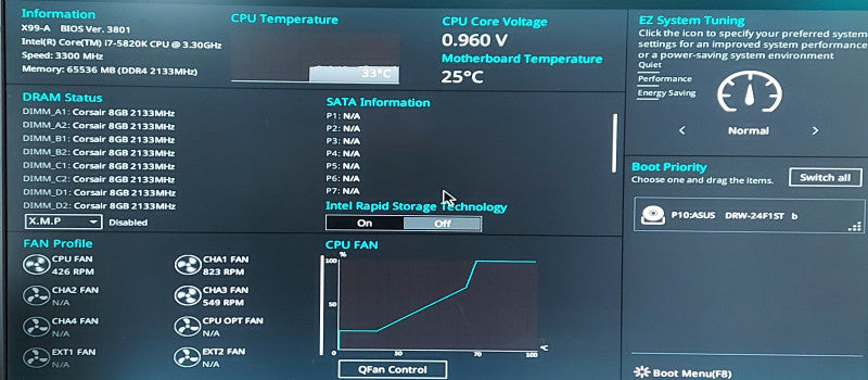Custom PC- ASUS X99-A Motherboard, 64GB DDR4, i7-5820K 3.3GHz, NVIDIA GeForce GTX 1070 8GB