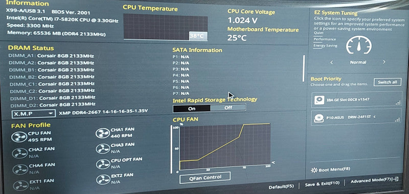 Custom PC- ASUS X99-A/USB3.1 Motherboard, 64GB DDR4, i7-5820K 3.3GHz, NVIDIA Quadro K5200 8GB GDDR5