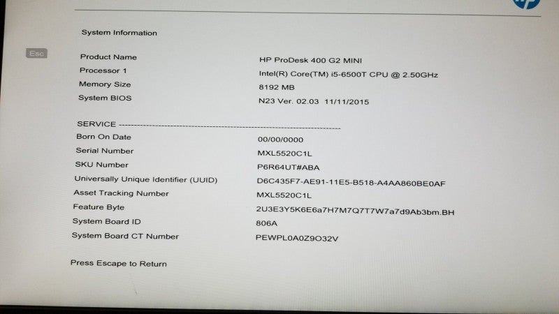 HP TPC-P058-DM Pro Desk 400 G2 i5-6500T @ 2.50ghz / 8gb ram