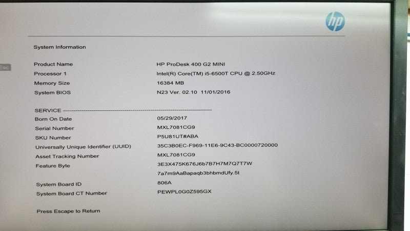 HP ProDesk 400 g2 Mini I5-6500T @ 2.50ghz / 16gb ram / see notes