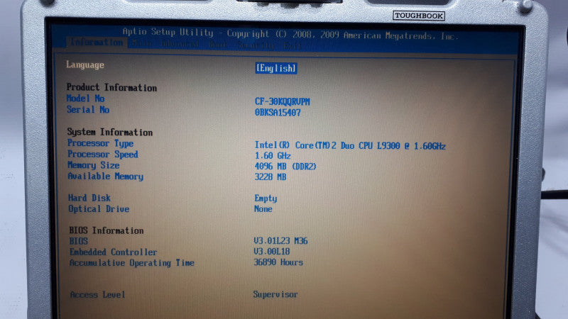 Panasonic Toughbook CF-30, C2D L9300 1.6GHz, 4GB RAM, No HDD
