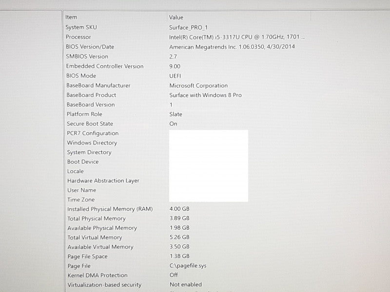 Microsoft Surface Pro 1 i5-3317U @ 1.7GHz 4GB RAM 64GB Flash w/ Keyboard