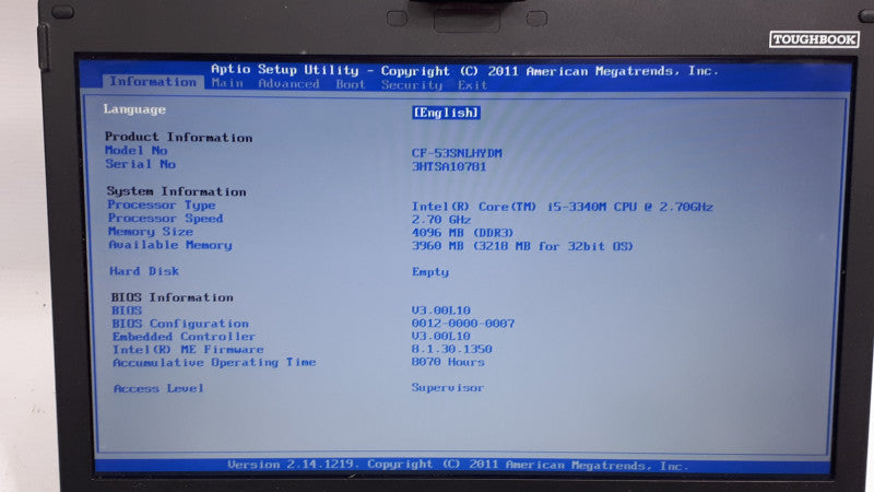 Panasonic Toughbook CF-53, i5-3340M 2.7GHz 4GB DDR3, HDD Caddy Included but No HDD