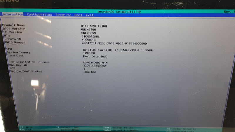 Lenovo MIIX 520-12IKB i7-8550u 1.8GHz, 8GB DDR4, Broken Glass. No HDD