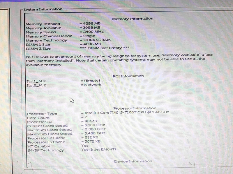 DELL Optiplex 3050 Mini PC i3-7100T @ 3.40GHz 4GB RAM NO HDD