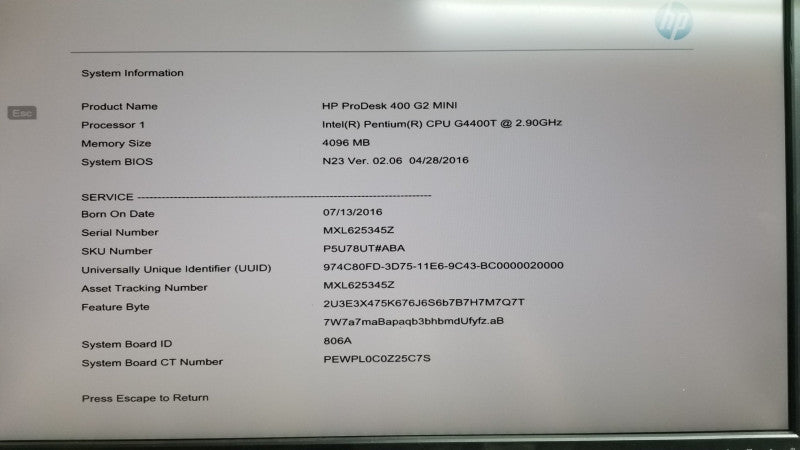 HP ProDesk 400 G2 Mini Pentium G4400T @ 2.90ghz / 4gb ram