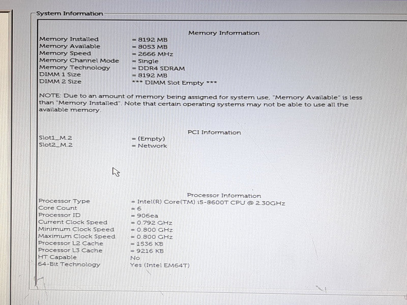 DELL Optiplex 7060 Mini PC i5-8600T @ 2.30GHz 8GB RAM NO HDD