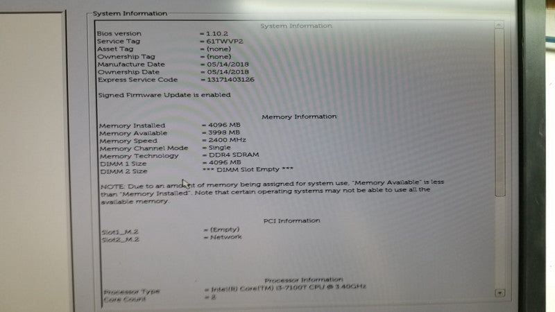 Dell Optiplex 3050 i3-7100T @ 3.40ghz / 4gb ram / see notes