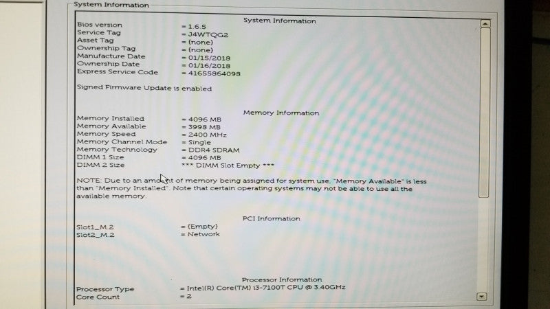 Dell Optiplex 3050 i3-7100T @ 3.40ghz / 4gb ram / see notes