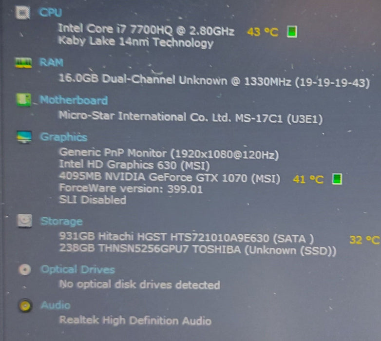 MSI GE73VR 7RF Raider i7-7700HQ 2.8GHz 16GB RAM 256GB SSD 1TB HDD (AS-IS) 17.3\\"