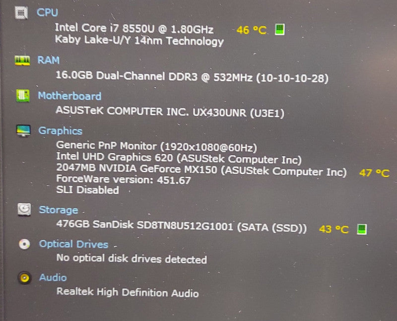 Asus Zenbook UX430UNR I7-8550U 1.8GHz 16GB RAM 256GB SSD 14\\" (No Power Adapter)