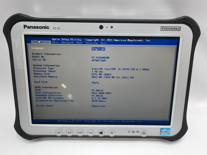 Panasonic FZ-G1 ToughPad, i5-3437U 1.9GHz, 8GB DDR3, No M.2 HDD
