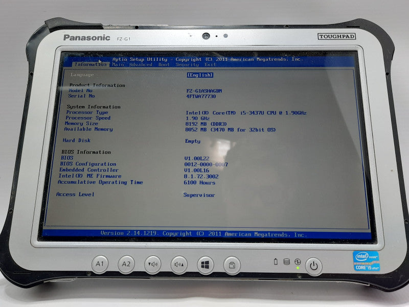 Panasonic ToughPad FZ-G1, i5-3437U 1.9GHz, 8GB DDR3, No M.2