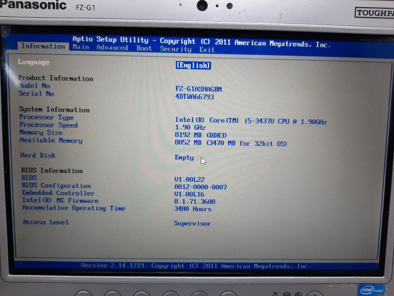 Panasonic ToughPad FZ-G1, i5-3437U  1.9GHz 8GB DDR3 No M.2 HDD, No Battery/Wifi Card