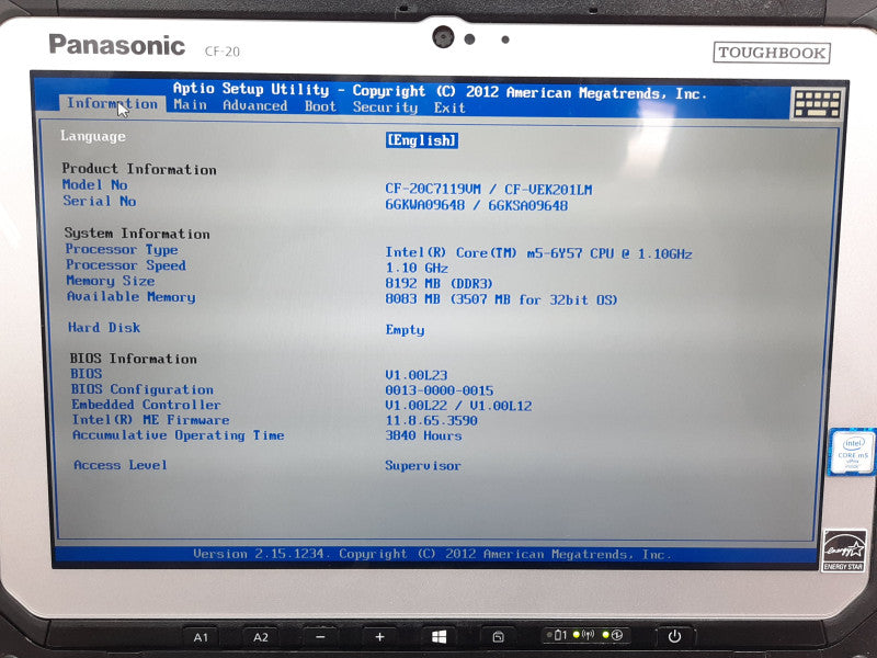 Panasonic ToughBook CF-20, CORE m5-6Y57 1.1GHz 8GB DDR3, No HDD, No HDD Connector (READ)