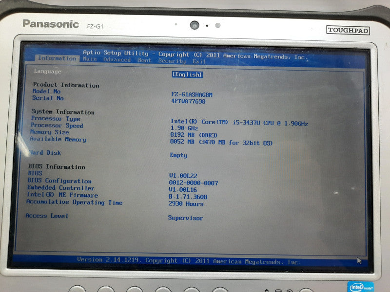Panasonic ToughPad FZ-G1, i5-3437U  1.9GHz 8GB DDR3 No M.2 HDD, No Battery/Wifi Card