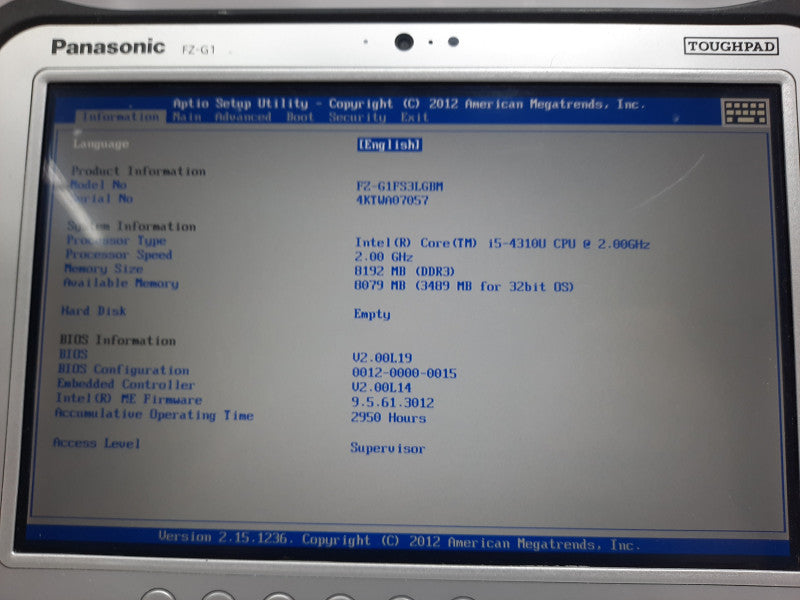 Panasonic TZ-G1 ToughPad, i5-4310 2.0GHz, 8GB DDR3, No M.2 HDD No Battery No Wifi