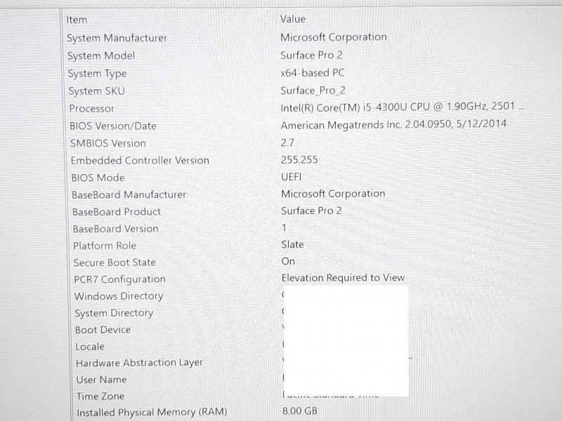 Microsoft Surface Pro 2 i5-4300U @ 1.9GHz 8GB RAM 256GB SSD