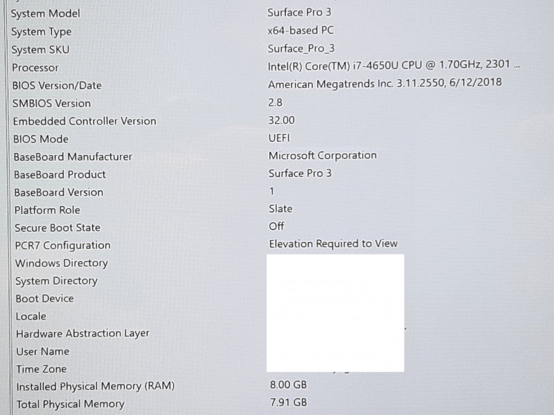 Surface Pro 3 1631 i7-4650U @ 2.3GHz 8GB RAM 256GB Flash w/ 1709 Keyboard