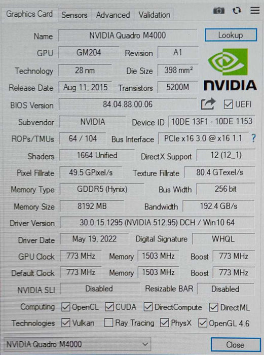Nvidia Quadro M4000 8GB GDDR5 Video Graphics Card