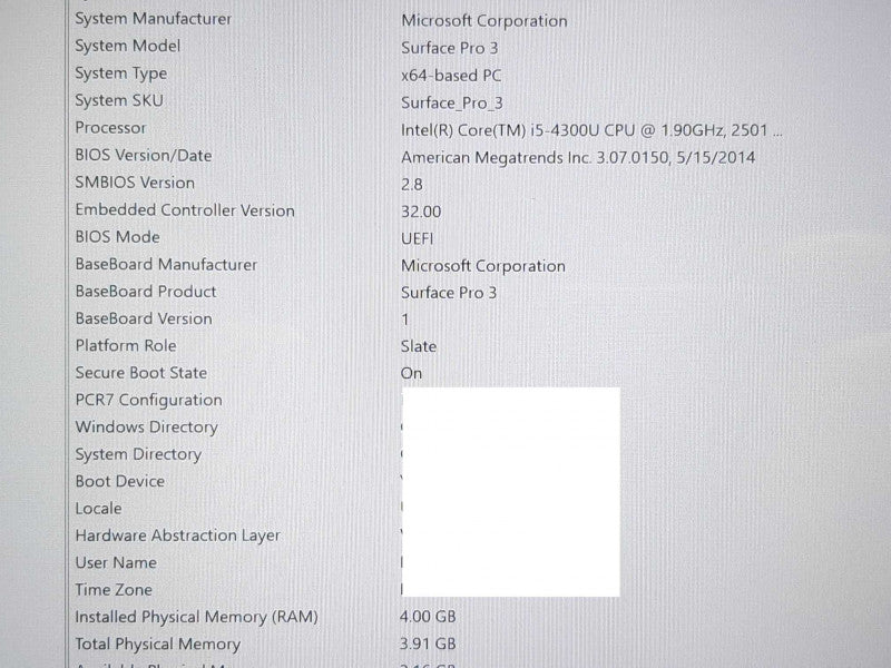 Surface Pro 3 1631 i5-4300U @ 2.5GHz 4GB RAM 128GB Flash - No Keyboard