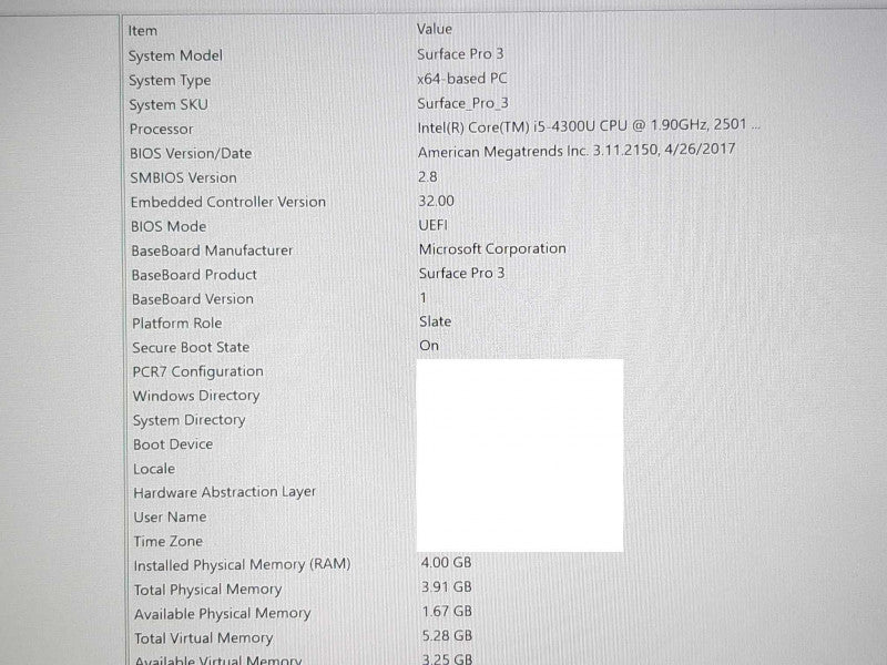 Surface Pro 3 1631 i5-4300U @ 2.5GHz 4GB RAM 128GB Flash -No Keyboard