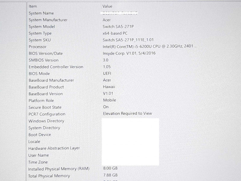 Acer Switch Alpha 12 SA5-271P i5-6200U @ 2.4GHz 8GB RAM 256GB SSD