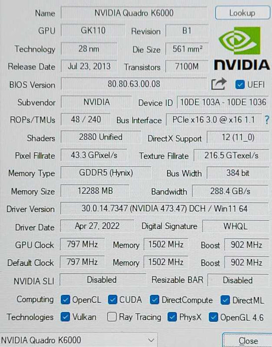 Nvidia Quadro K6000 12GB GDDR5 PCIe Video Graphics Card