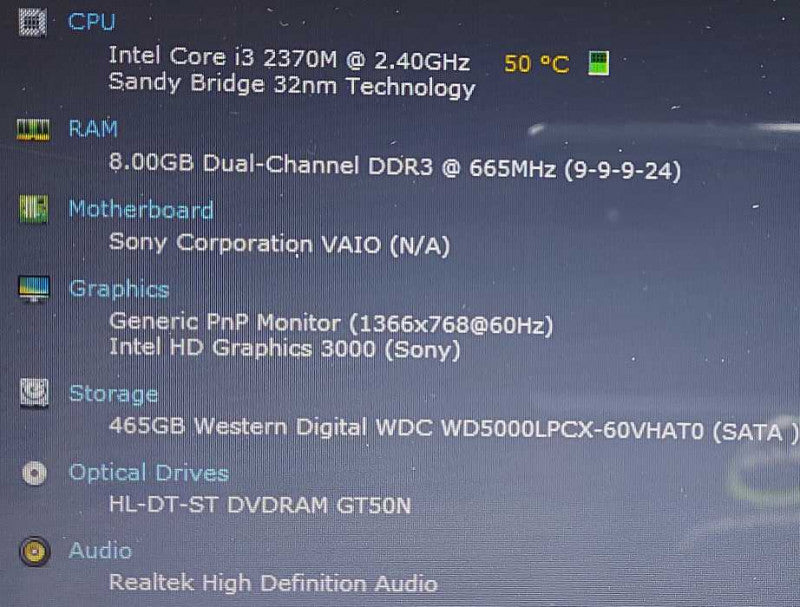 Sony Vaio SVE1511FDW i3-2370U 2.4GHz 8GB RAM 500GB HDD 15.5\\"