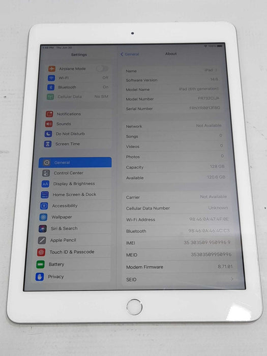 Apple iPad 6, A1954, 128GB Storage, Carrier Unlocked