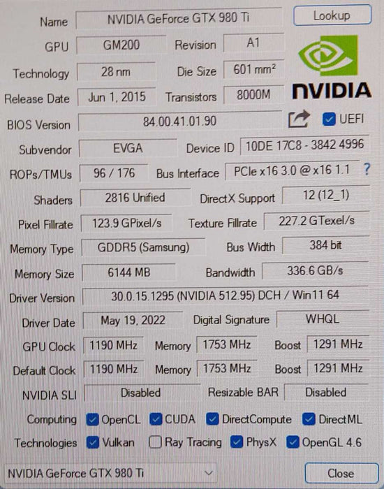 EVGA FTW Nvidia Geforce GTX 980TI 6GB GDDR5 PCIe Video Graphics Card