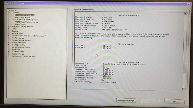 Dell Optiplex 7060 Mini PC, Core I5-8600T 2.3GHz, 8GB DDR4, 128GB SSD, No Power adapter