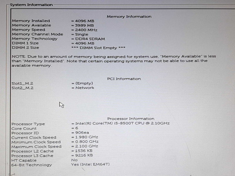Dell OptiPlex 3060 i5-8500T @ 2.1GHz 4GB RAM - NO HDD