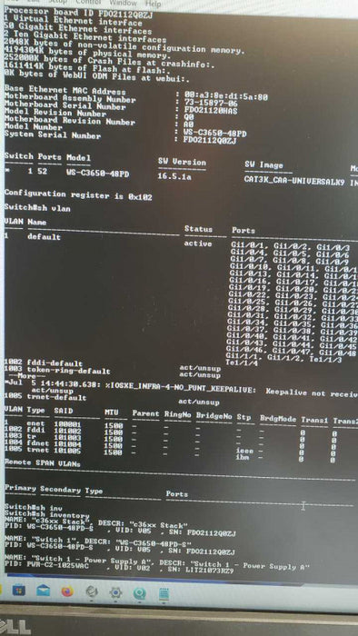 Cisco WS-C3650-48FD-L Catalyst 3650 48-Port Full PoE 2X10G Uplink, Factory Reset, 1x PSU