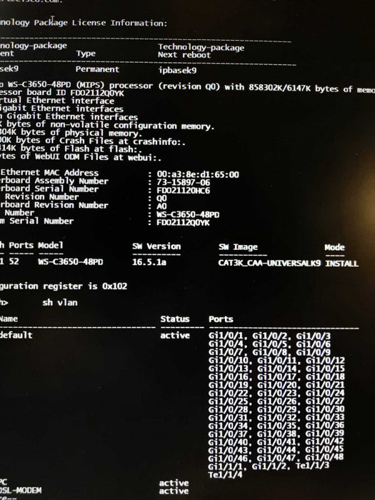 CISCO Catalyst 3650 48+ Port Network Switch WS-C3650-48FD-L FACTORY RESET, READ*