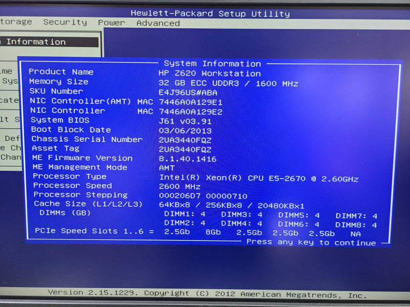 HP Z620 Worstation Xeon E5-2670 @ 2.60Ghz 32GB No GPU No HDDs