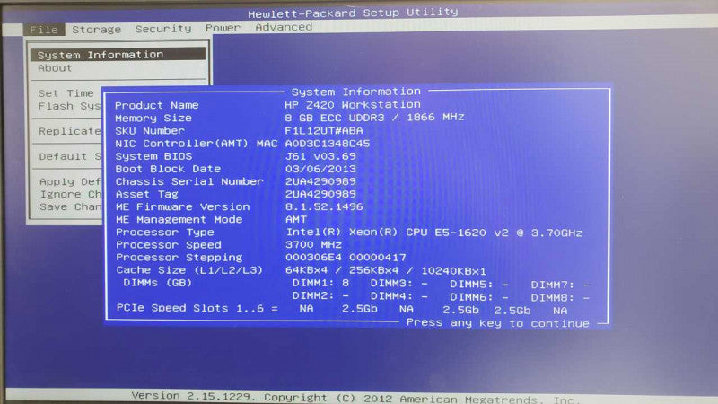 HP Z420 WS, Xeon E5-1620v2 3.7GHz, 8GB DDR3, 1TB HDD, Quadro K2000 GPU, No OS