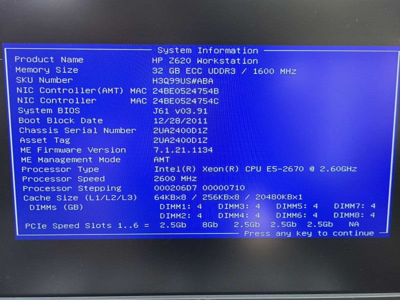 HP Z620 Xeon E5-2670 @ 2.60Ghz 32GB No HDDs No GPU