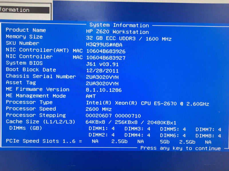 HP Z620 Workstation E5-2670 2.6GHz 32GB DDR3 No HDD, nVidia Quadro 5000