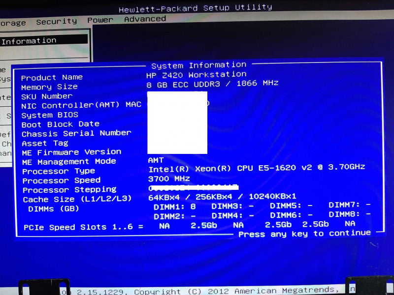 HP Z420 Workstation Xeon E5-1620v2 @ 3.7Ghz 8GB RAM QUADRO K2000 -NO HDD