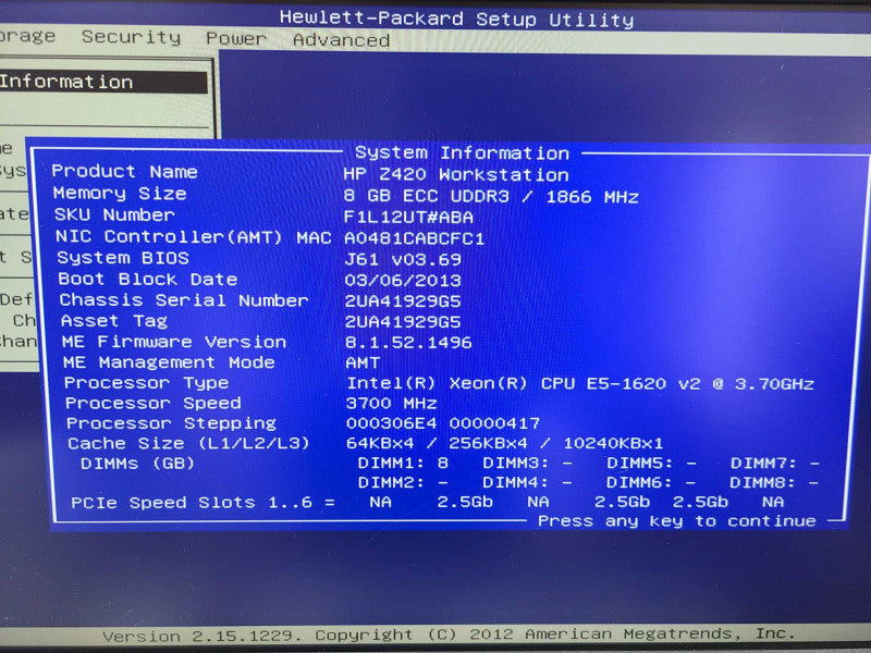 HP Z420 Workstation E5-1620 v2 @ 3.70Ghz 8GB K2000 No HDDs