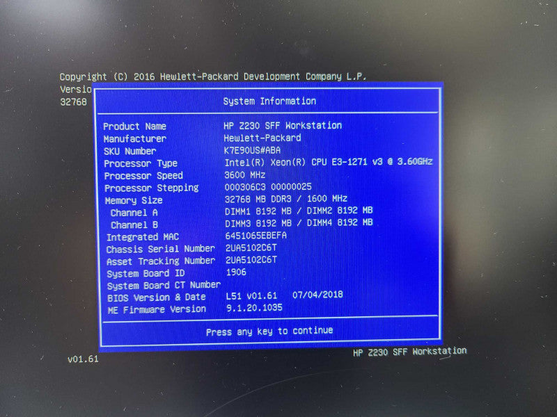 HP Z230 SFF Workstation Xeon E3-1271 v3 @ 3.60Ghz 32GB 250GB SSD K600