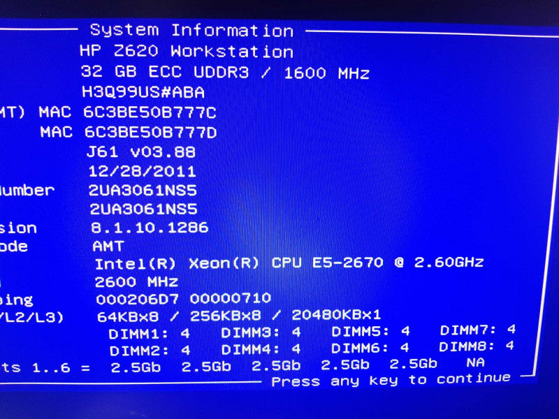 HP Z620 WorkStation, Xeon E5-2670 2.6GHz/32GB, Geforce Gtx550ti, No RAID/HDDs