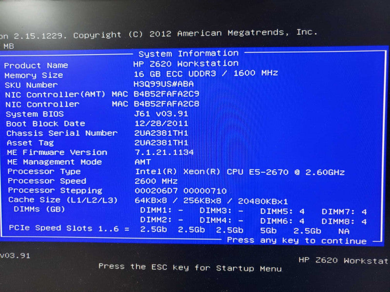 HP Z620 WorkStation, Xeon E5-2670 2.6GHz/16GB, NO GPU, No RAID/HDDs