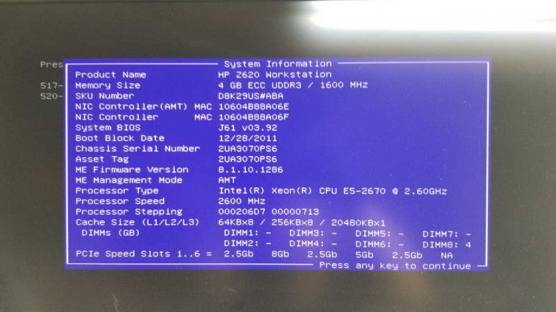 HP Z620 workstation xeon E5-2670 @ 2.60ghz / 4gb ram / see notes