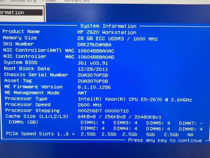 HP Z620 Workstation E5-2670 2.6GHz 28GB DDR3 No HDD
